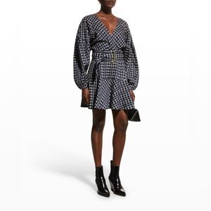 🆕 Tanya Taylor Nicola Puff-Sleeve Belted Check Mini Dress